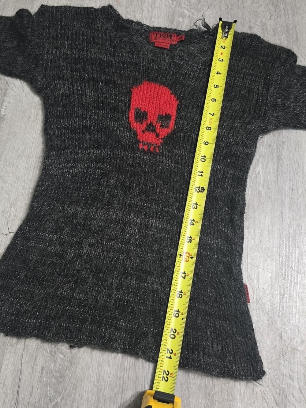 Vintage Y2K Tripp NYC Skull Grey/Red Mohair Knit Sweater RARE Size XS - Picture 5 of 8